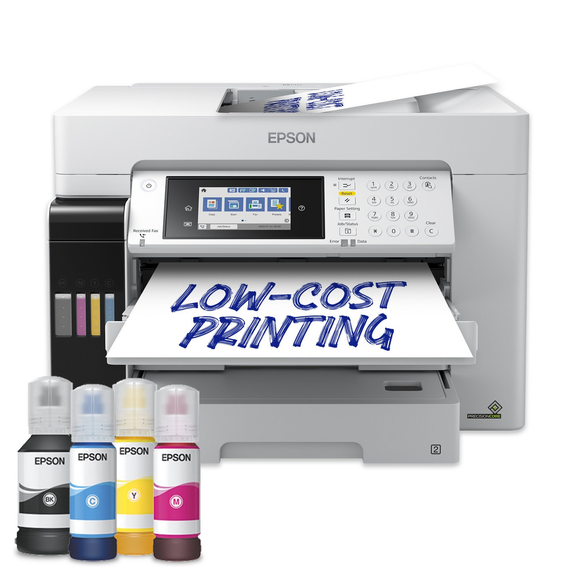 Epson EcoTank L15180 A3+ multifunction ink tank printer in white and grey, with 112 ink bottles in black, cyan, yellow and magenta