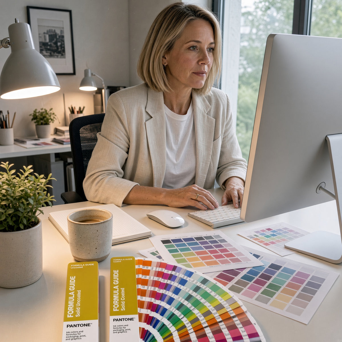 Designer at her desk using the PANTONE Formula Guide Coated & Uncoated set (GP1601C)