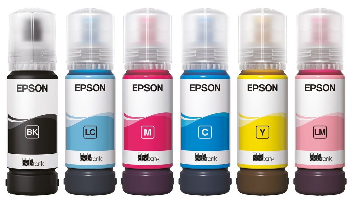 Epson 108 EcoTank ink bottles in black, light cyan, magenta, cyan, yellow and light magenta